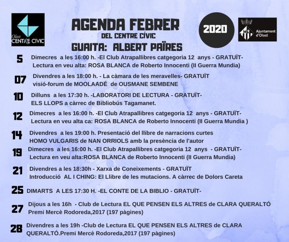 Agenda d'activitats al Centre Cívic durant el mes de febrer

